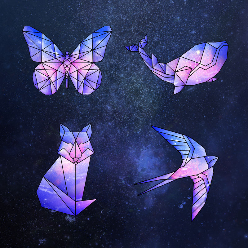 银河图案几何结晶动物贴纸套装