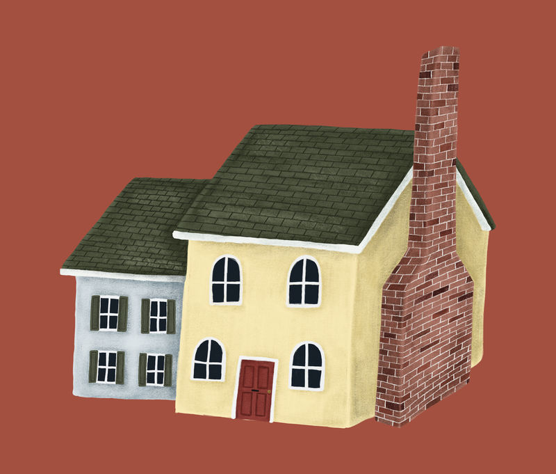 黄蓝相间的绿色屋顶房屋