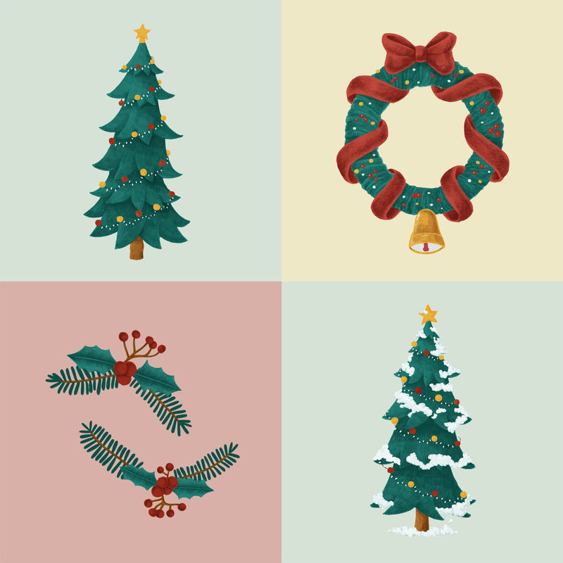 圣诞季节插图psd手绘套装