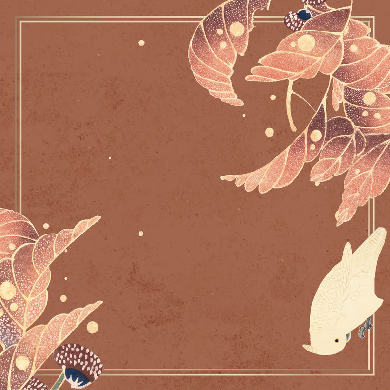 金色框架金刚鹦鹉和树叶图案背景为焦橙色