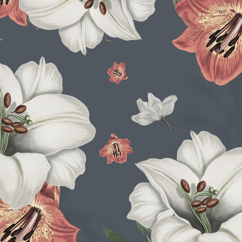 深灰色背景上的复古白色和橙色百合花图案设计资源