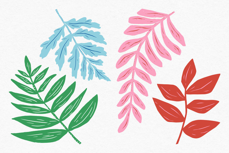 彩色叶psd复古植物linocut系列