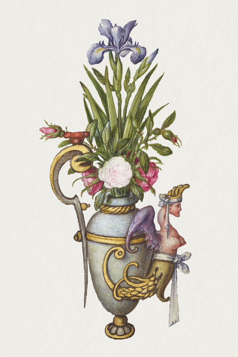陈年花瓶里盛开的鸢尾花