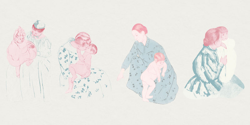 复古手绘母亲和她的孩子插图集混合从玛丽卡萨特的艺术作品