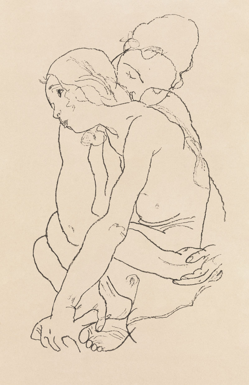 从埃贡·希勒的艺术作品中混合的拥抱psd插图的女性