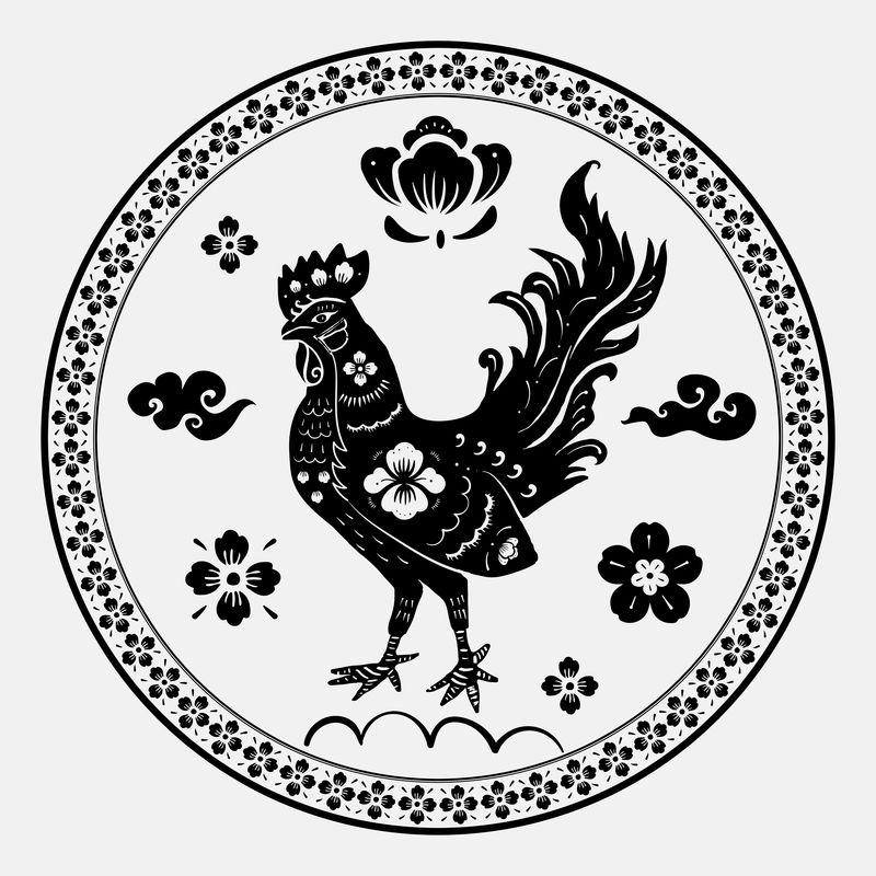 中国公鸡动物徽章载体黑色新年设计元素