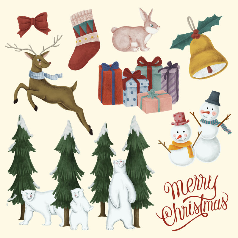 可爱的圣诞psd装饰手绘套装