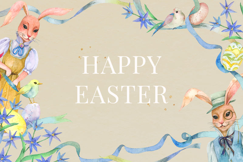 可编辑的快乐复活节模板psd节日庆典水彩问候语带兔子复古插图