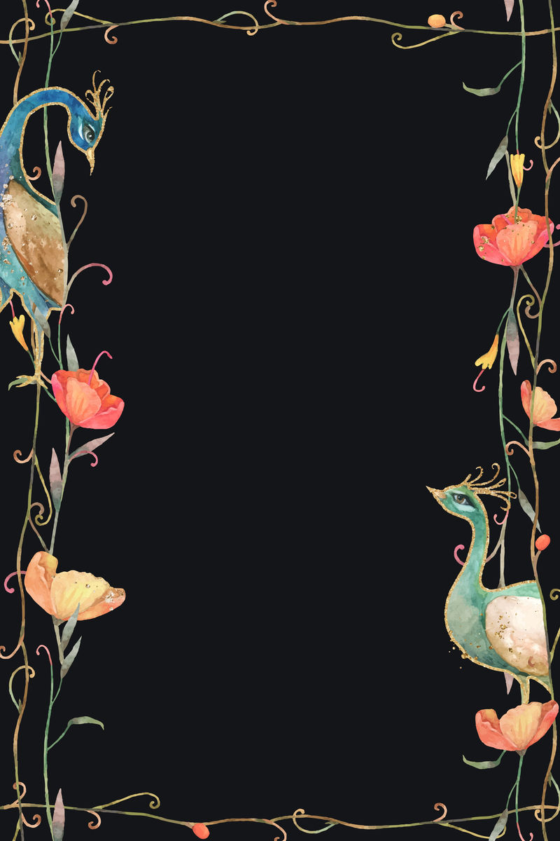 黑色背景上的水彩花和孔雀图案框架向量