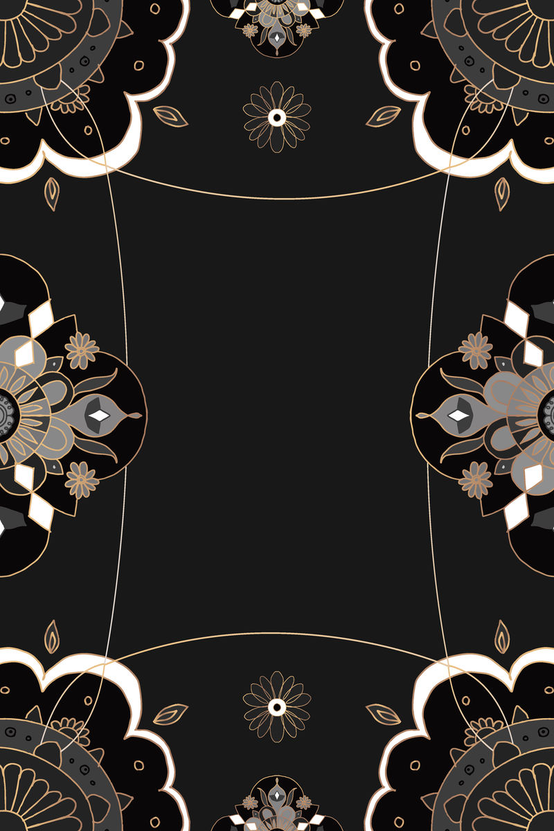 曼荼罗图案金色框架矢量黑色印度风格花卉