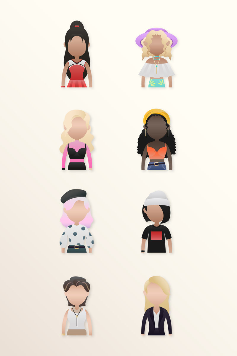 一组多样化的女性化身角色向量