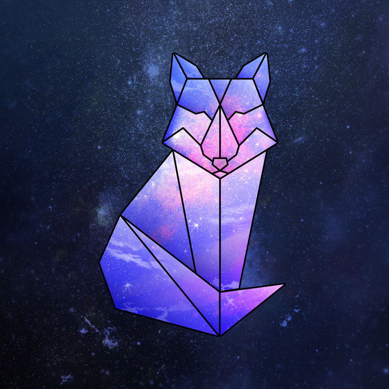 紫色银河图案几何形状狐狸贴纸设计元素