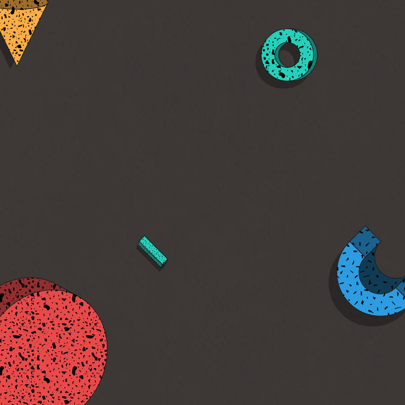 深棕色背景向量上的彩色孟菲斯图案