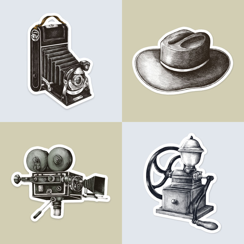 带有白色边框的手绘复古物体贴纸