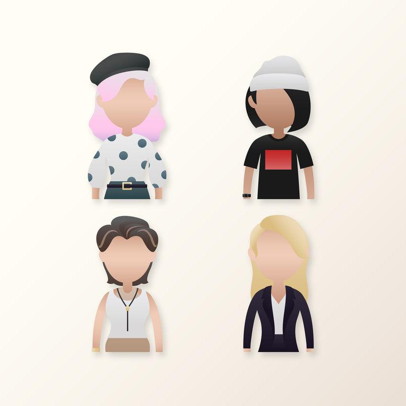 一组多样化的女性化身角色向量