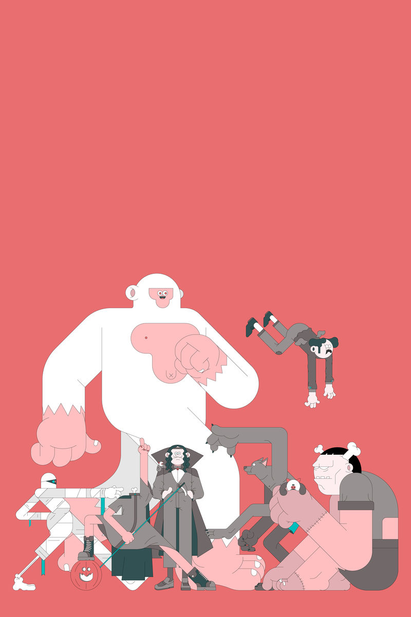 红色背景向量上的万圣节人物