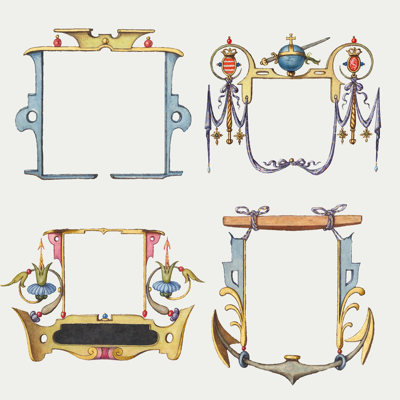 维多利亚金色招牌徽章矢量由Joris Hoefnagel和Georg Bocskay的书法模型书混合而成