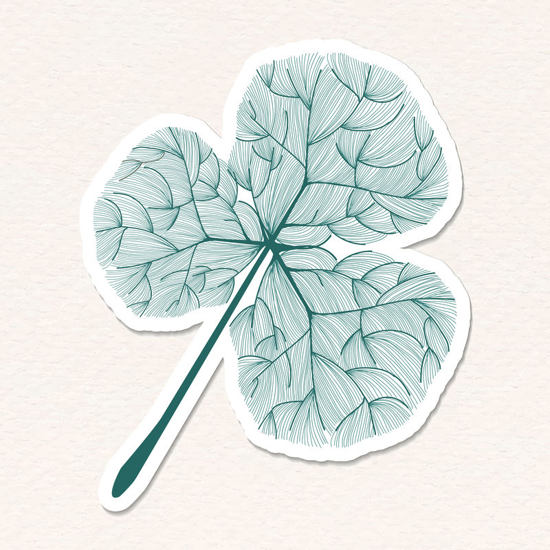 涂鸦绿色三叶草叶子贴纸带有白色边框矢量