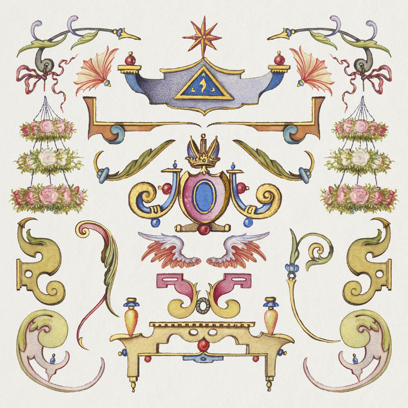 Psd维多利亚时期的装饰性边框由乔里斯·霍夫纳格尔（Joris Hoefnagel）和格奥尔格·博茨凯（Georg Bocskay）的书法模型书混合而成