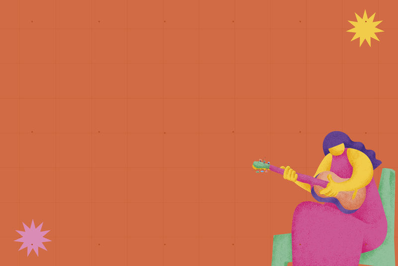 橙色音乐背景与吉他手音乐家平面图形