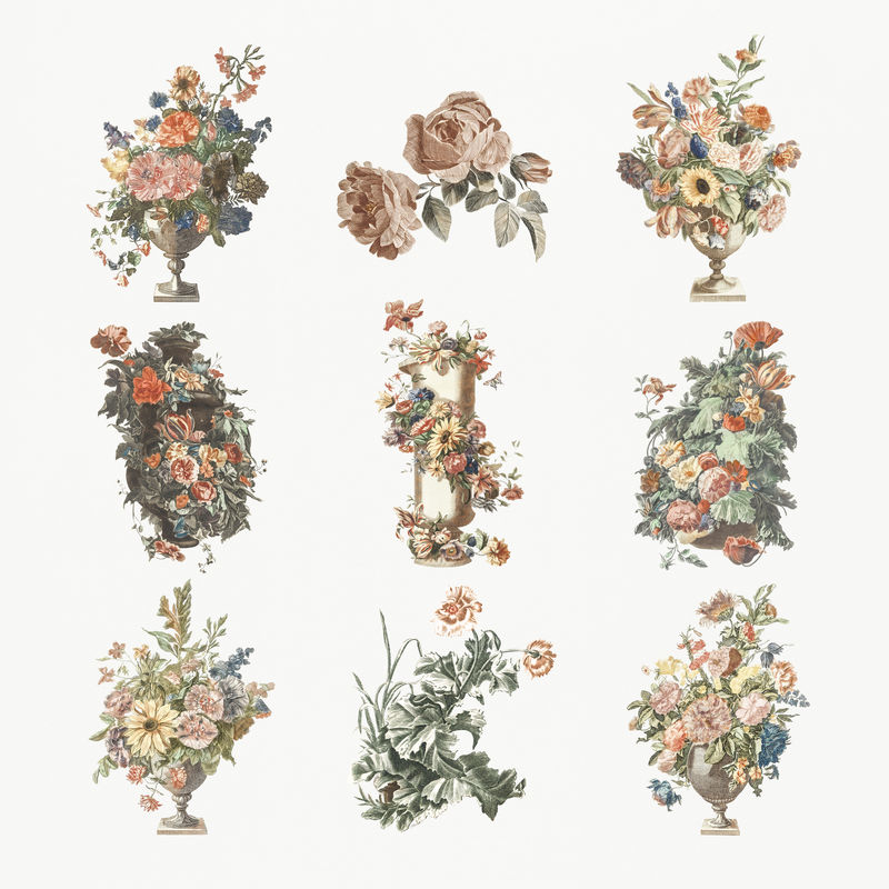 花瓶中的花束psd复古插画套装