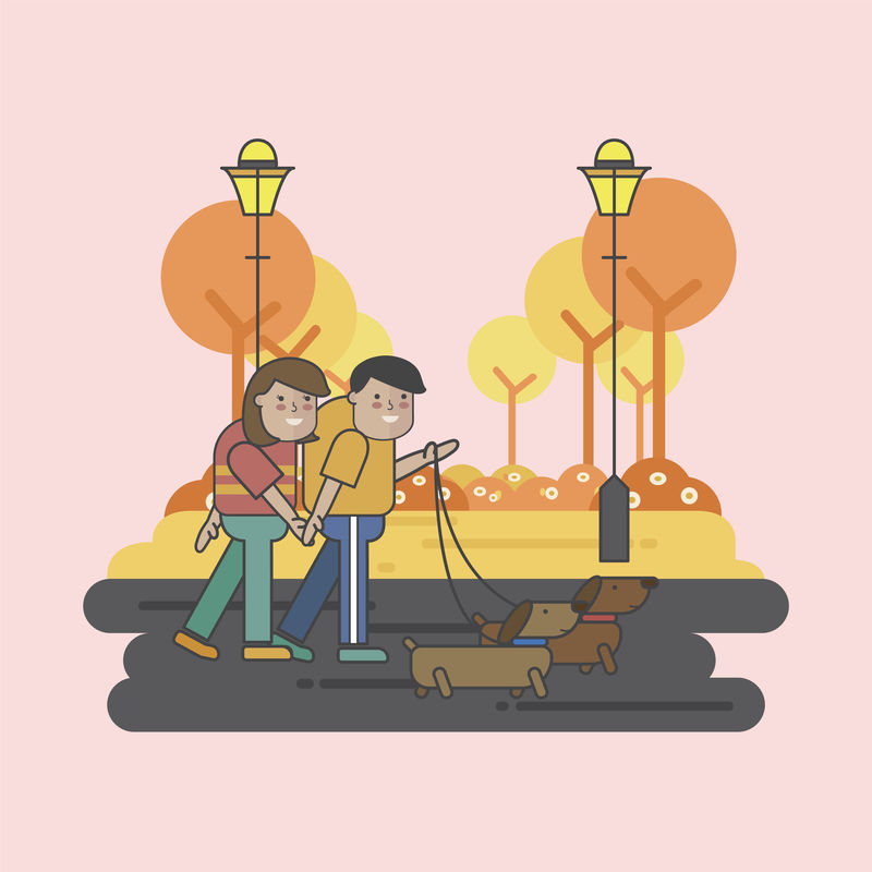 一对夫妇遛狗的插图