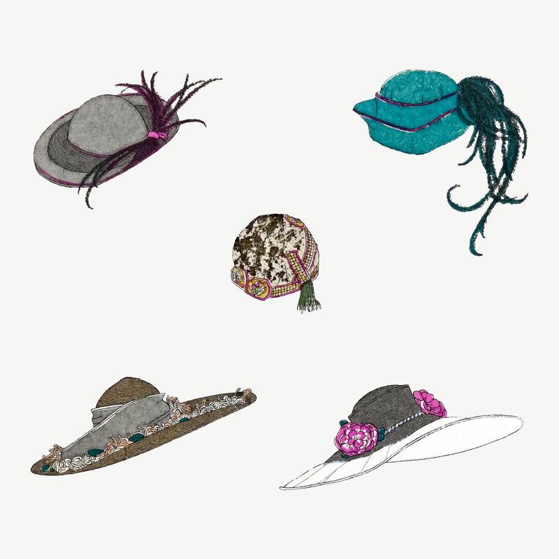 复古女士帽子插图矢量集由查尔斯·马丁的艺术作品混合而成