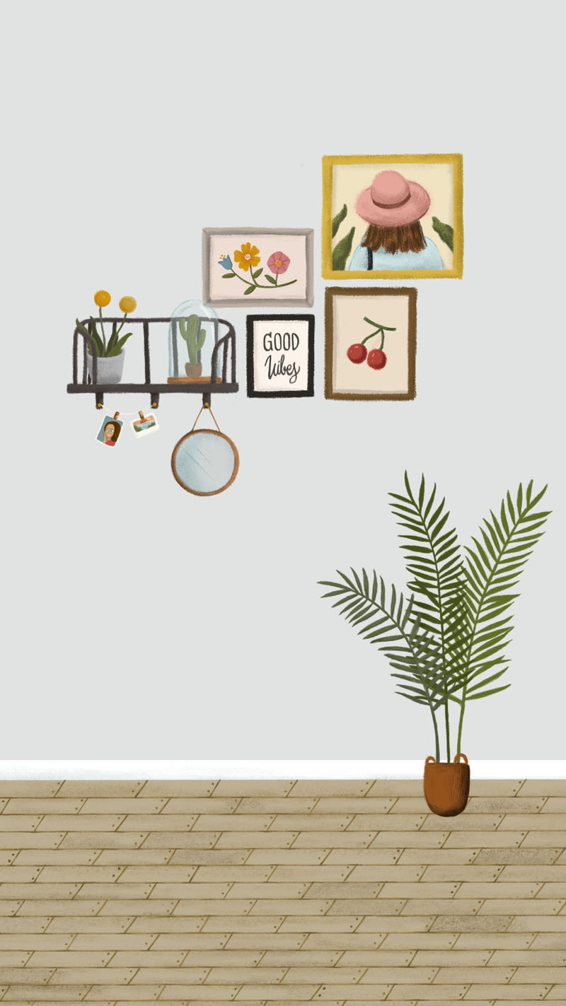 灰色墙上的相框素描风格手机壁纸矢量