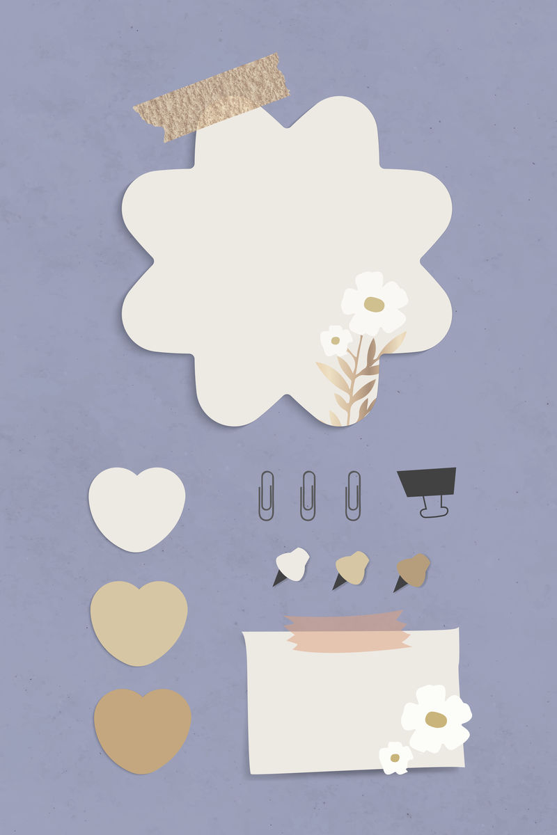 在有纹理的纸背景上有回形针活页夹和别针的空白花形信纸