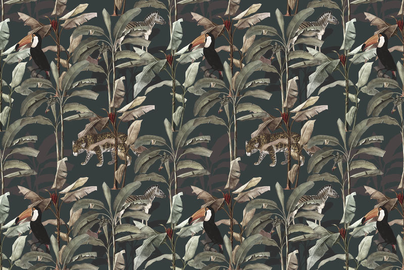 深绿色背景上的手绘热带图案