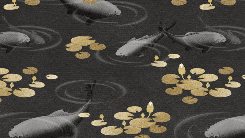 游泳金锦鲤配金色莲花图案背景插图