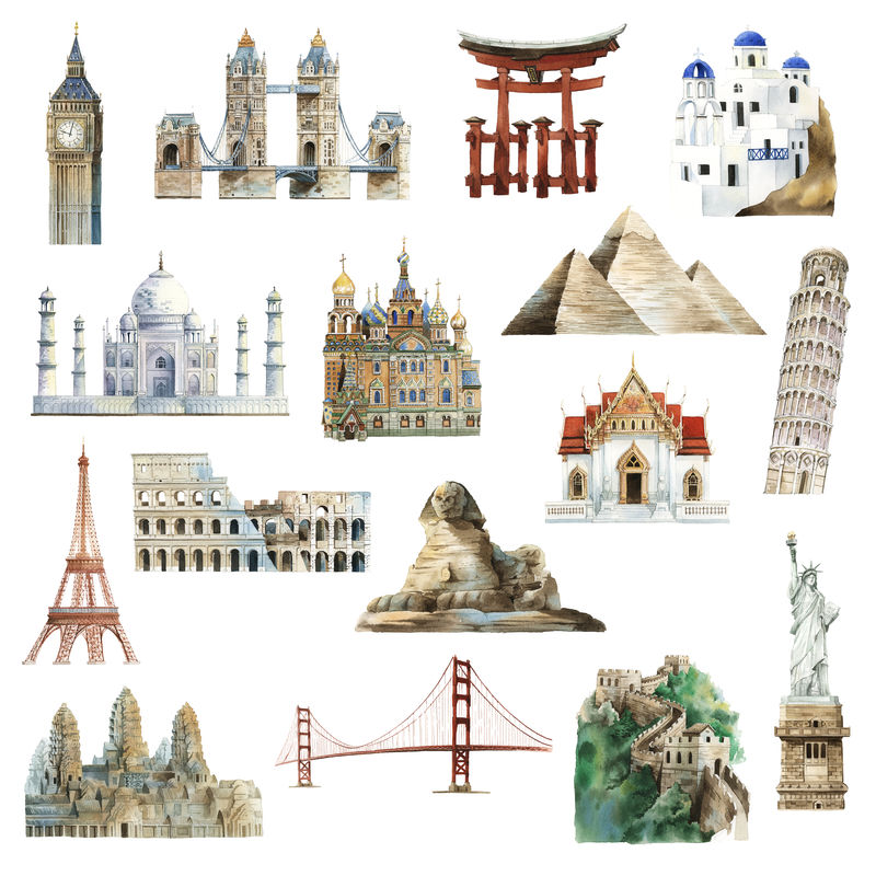 水彩画建筑地标集