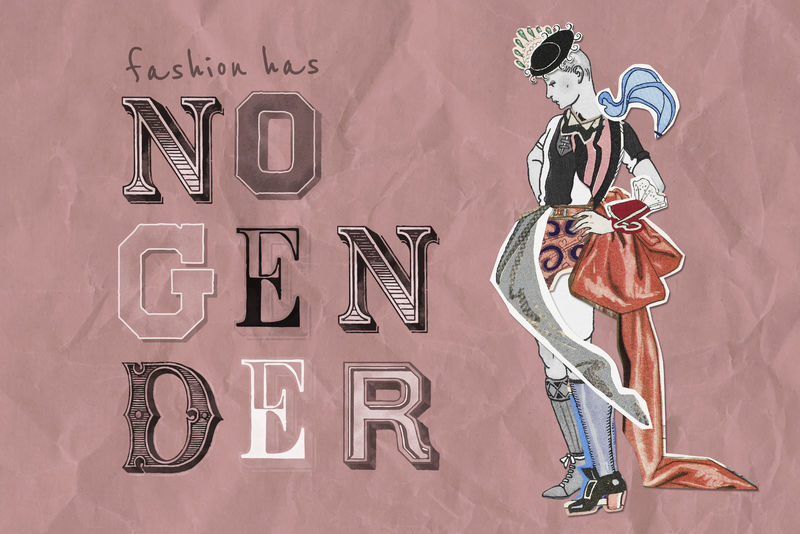 时尚没有性别混合的媒体拼贴是乔治·巴比尔（George Barbier）艺术作品的混音