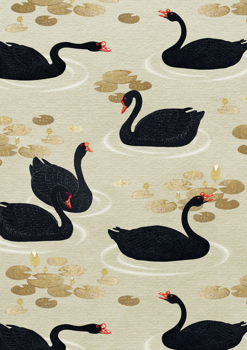 金色荷花图案的游泳黑雁在米色背景上的插图