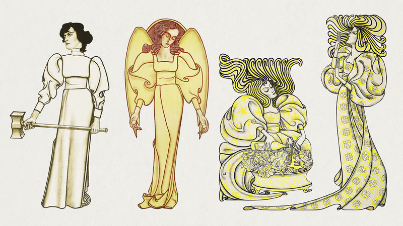 新艺术妇女在不同的活动集混合从扬图洛普的艺术作品