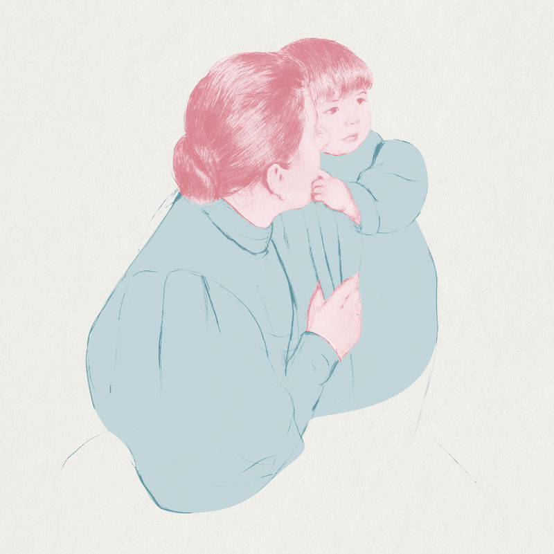 复古手绘母亲与她的孩子插图混合从玛丽卡萨特的艺术作品