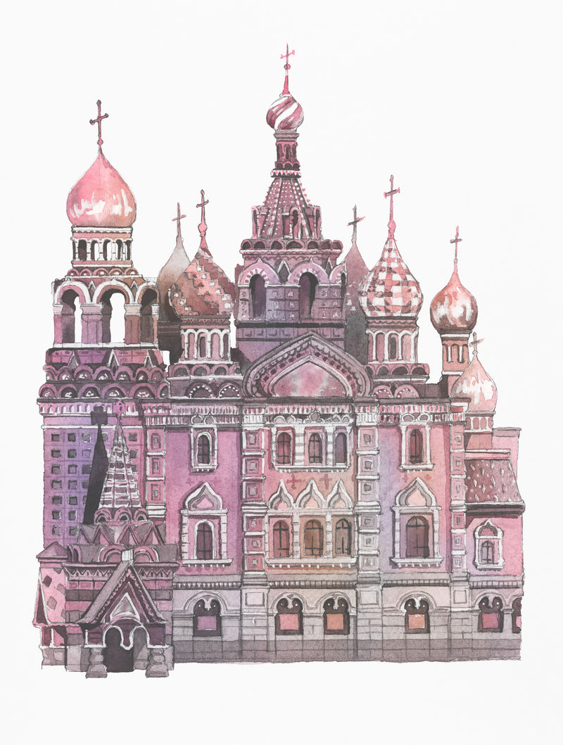 圣巴兹尔&#x27；用水彩画的圣母大教堂