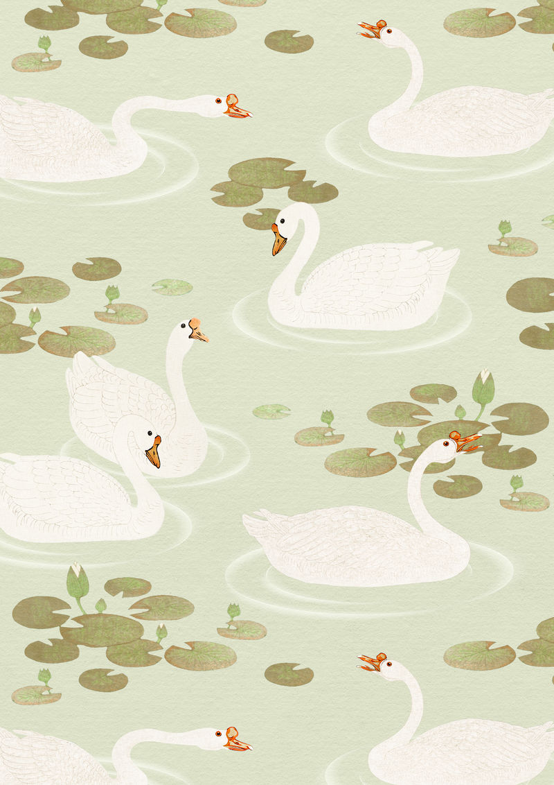 在绿色背景插图上在湖面图案中游泳的白鹅