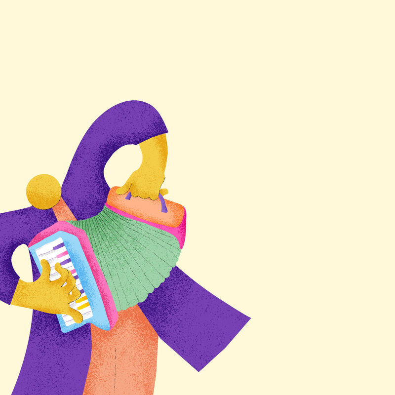 米色音乐背景与手风琴音乐家平面图形