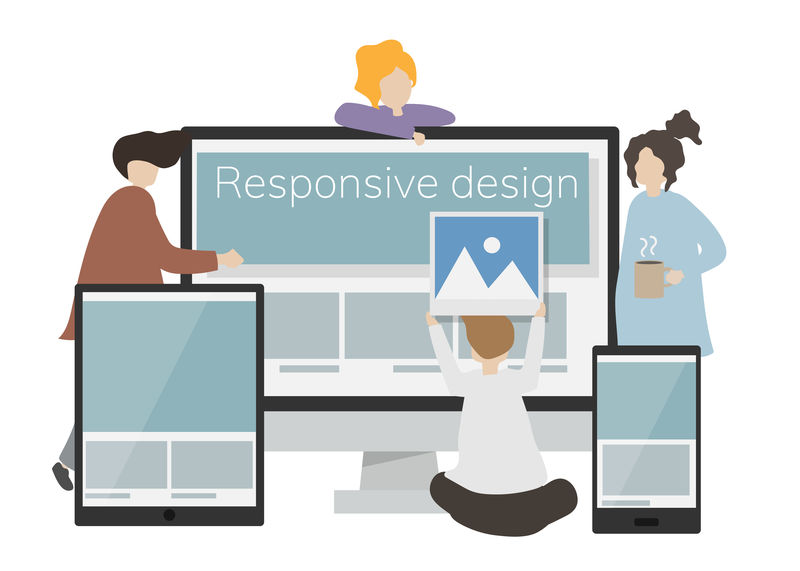 屏幕上具有响应性设计的角色插图