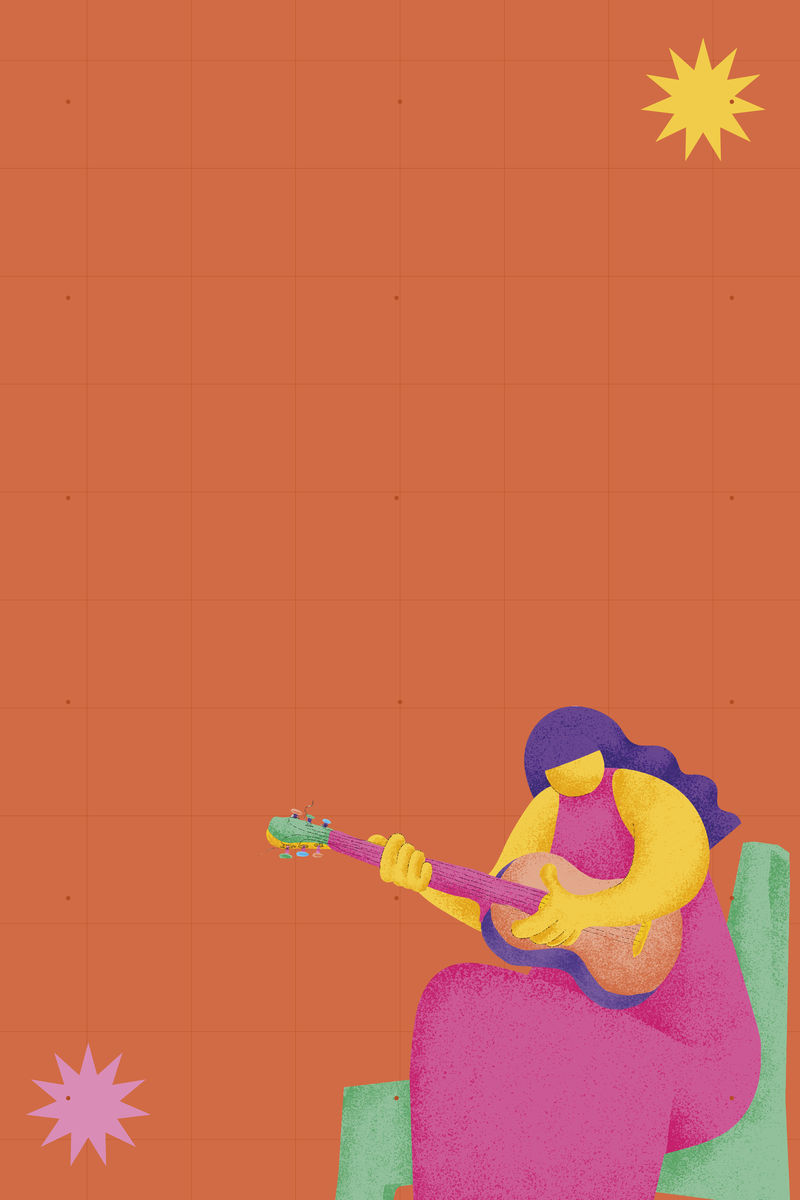 橙色音乐背景与吉他手音乐家平面图形