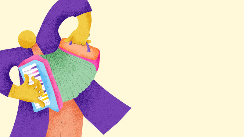 米色音乐背景与手风琴音乐家平面图形