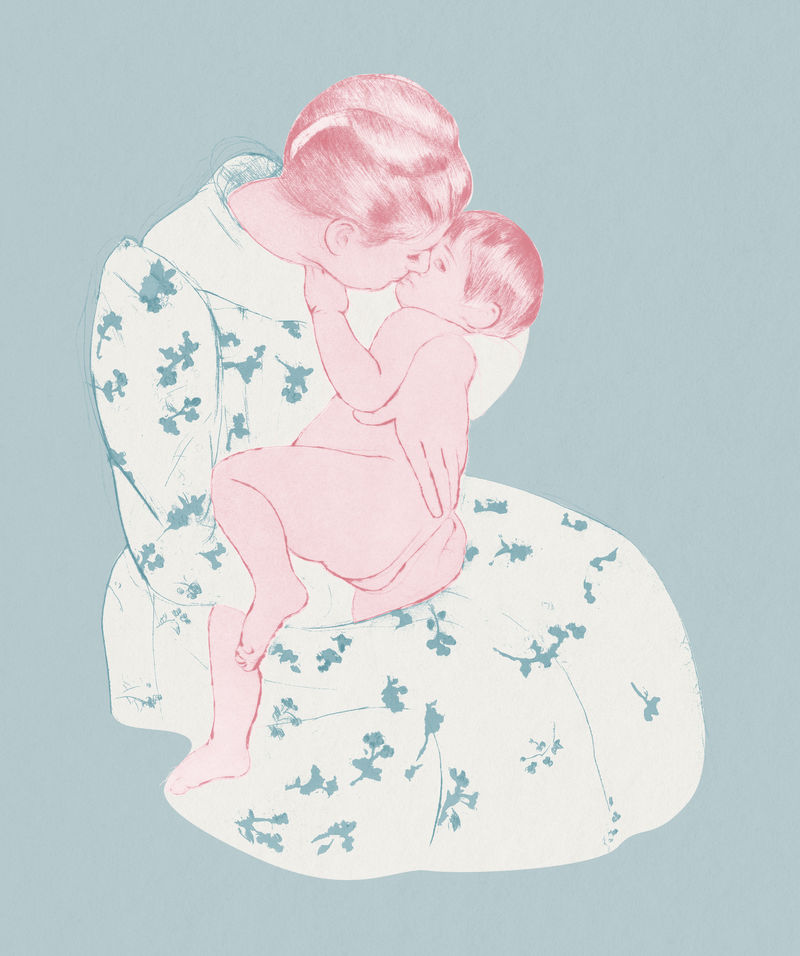 复古手绘母亲亲吻她的孩子插图混合从玛丽卡萨特的艺术作品