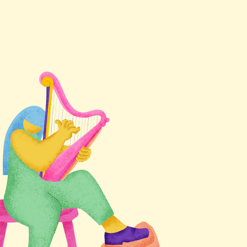 米色音乐背景与竖琴音乐家平面图形