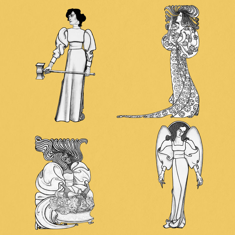 新艺术妇女在不同的活动集混合从扬图洛普的艺术作品