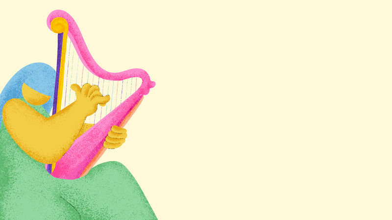 米色音乐背景与竖琴音乐家平面图形