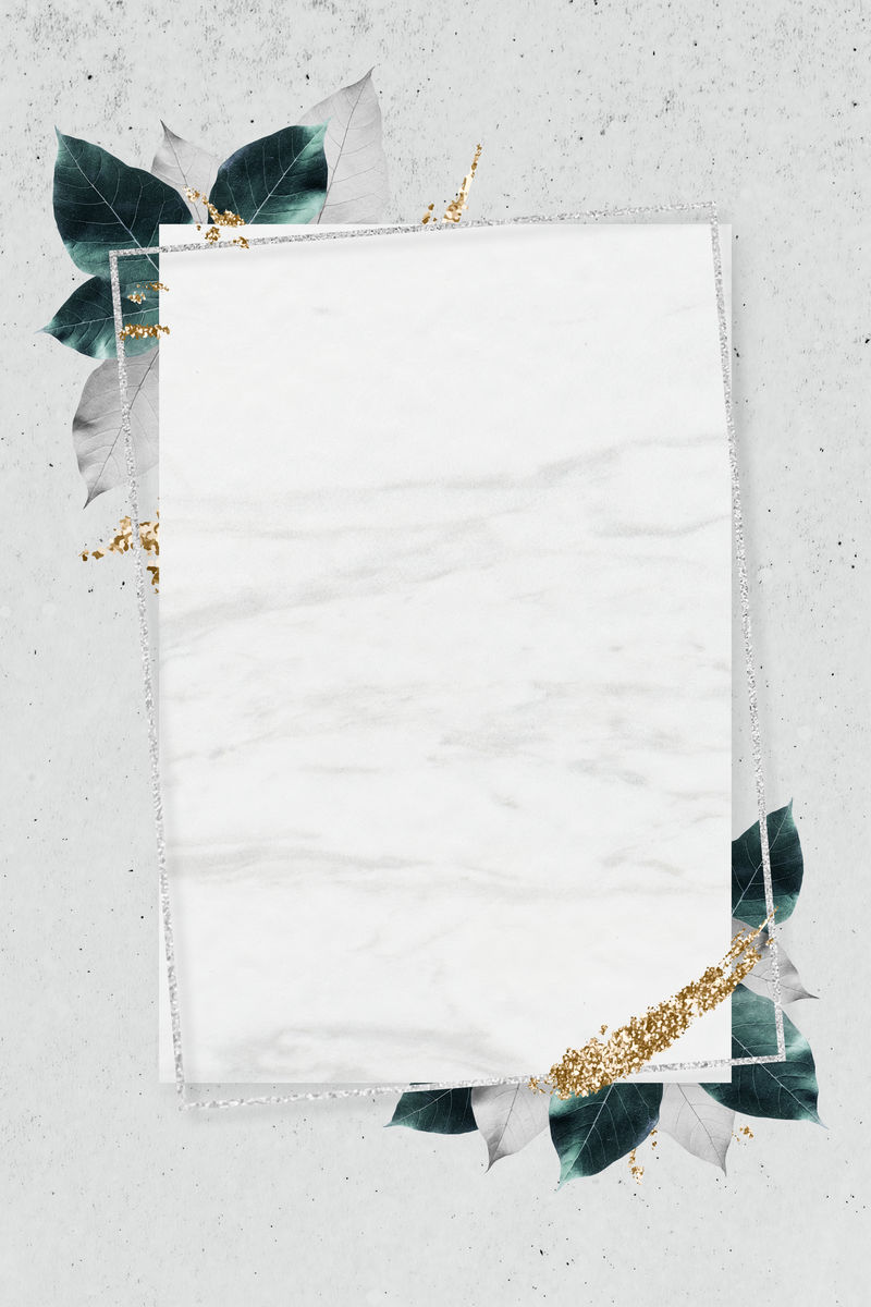 矩形银框大理石纹理背景上有树叶插图