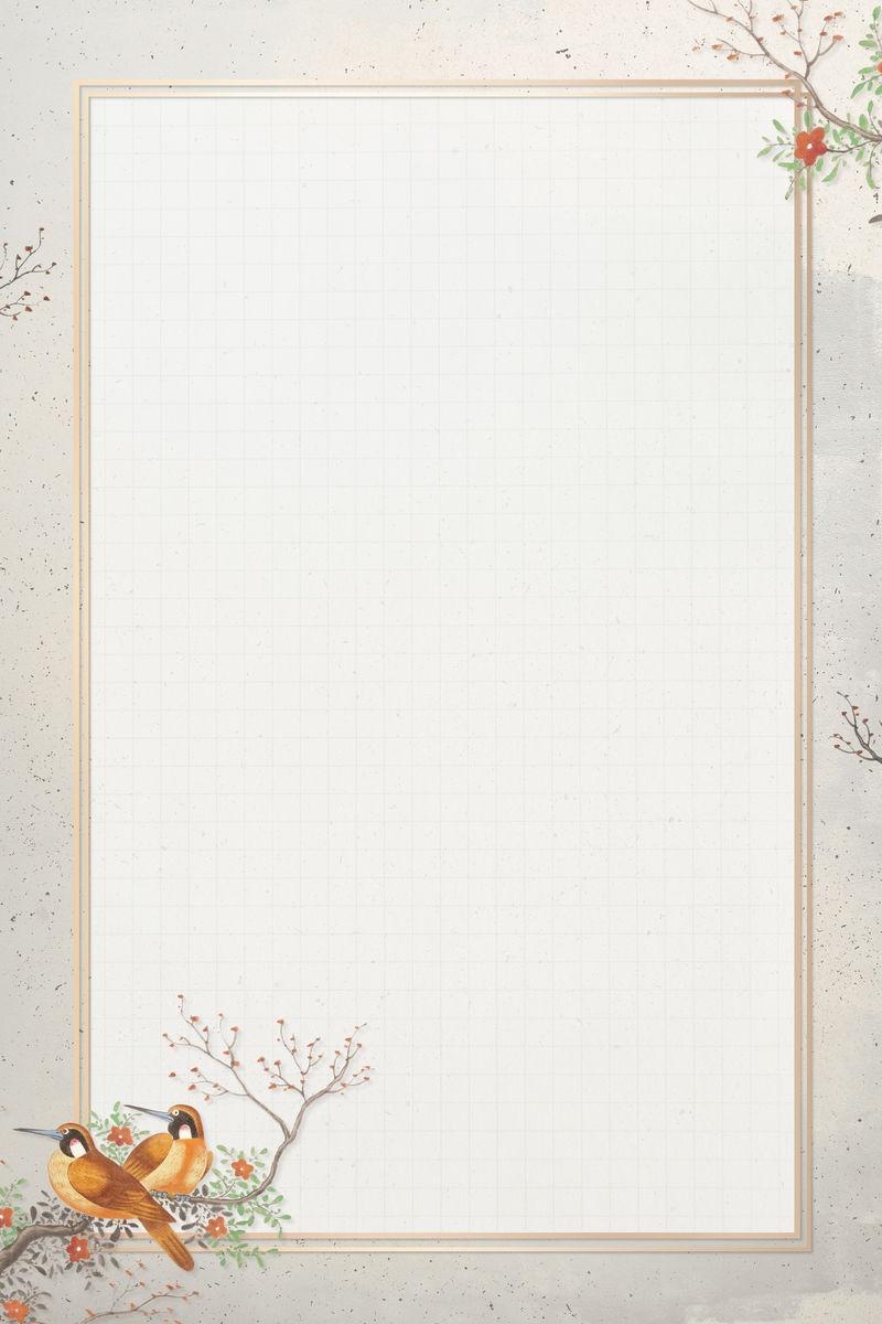 金色框架米色背景插图上有两只棕色鸟