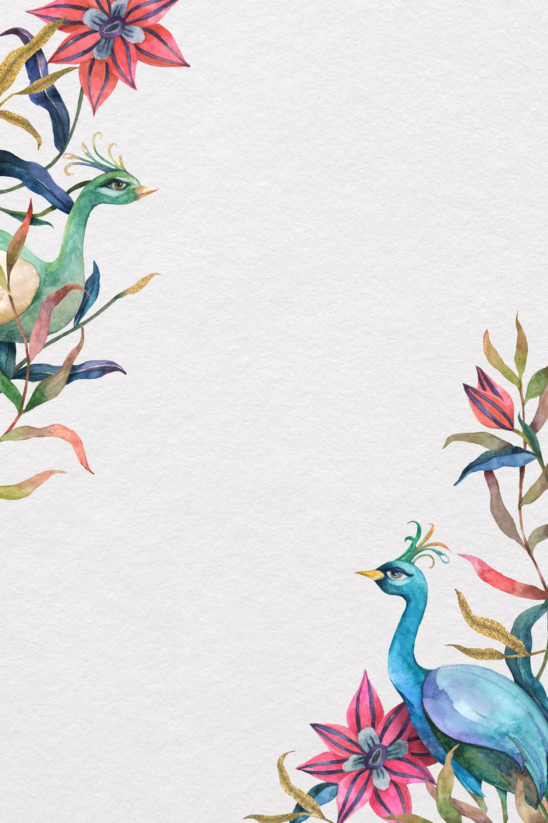 米黄色背景上带有水彩花的孔雀框架psd