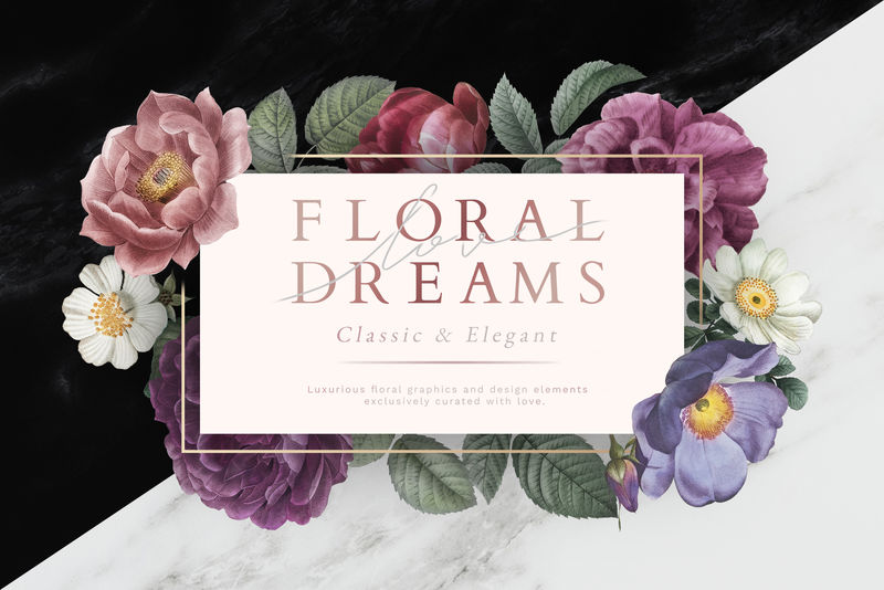 大理石纹理背景插图上的花卉梦想横幅